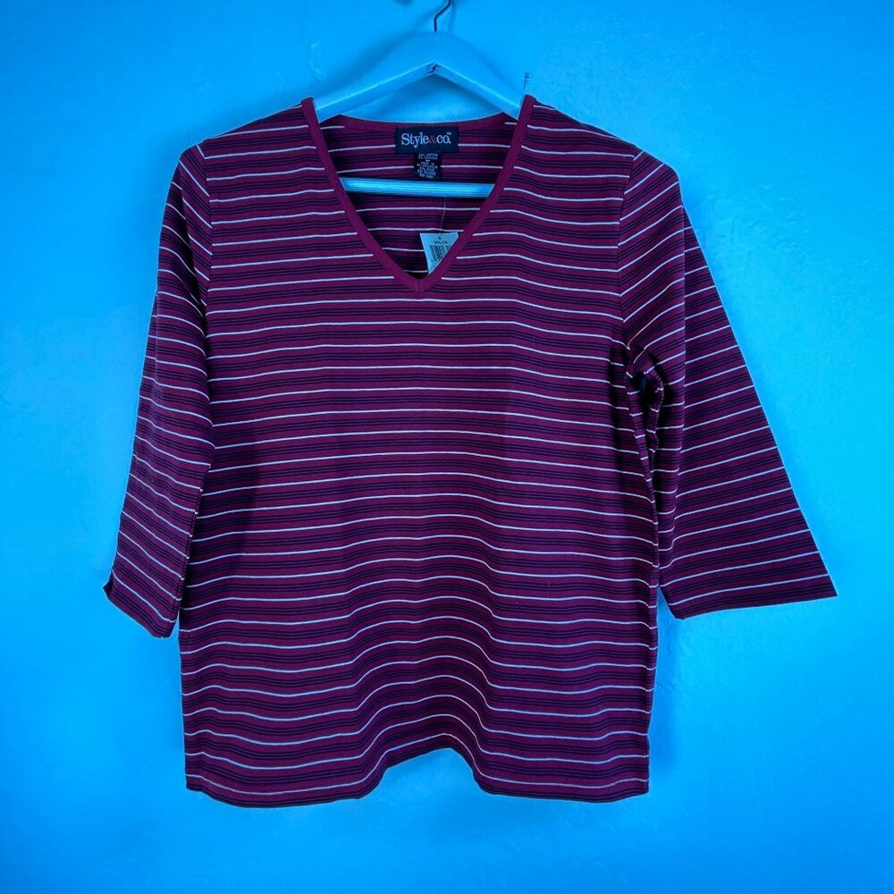 Style & Co Women's Nolita Striped V-Neck 3/4 Sleeve Casual Blouse Red Medium NWT